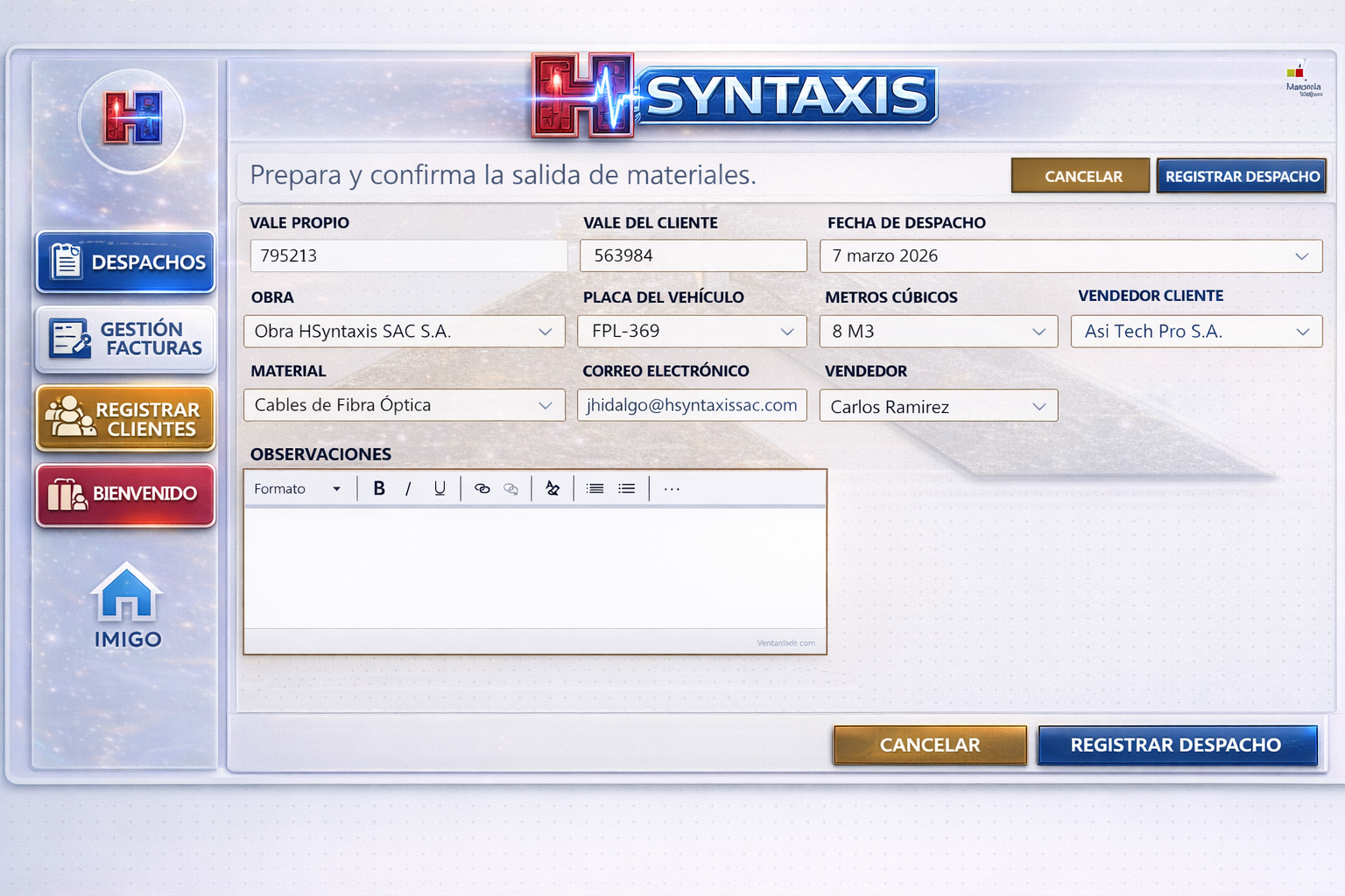 Aplicación HSINTAXIS Despachos