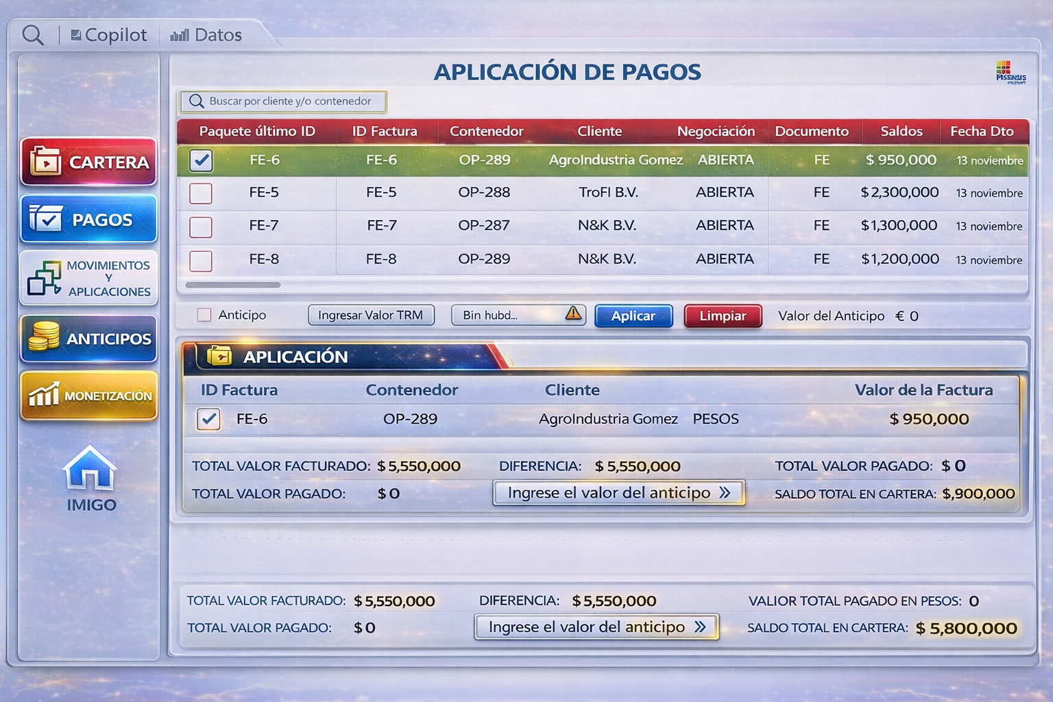 Aplicación HSINTAXIS Pagos, Abonos y Anticipos